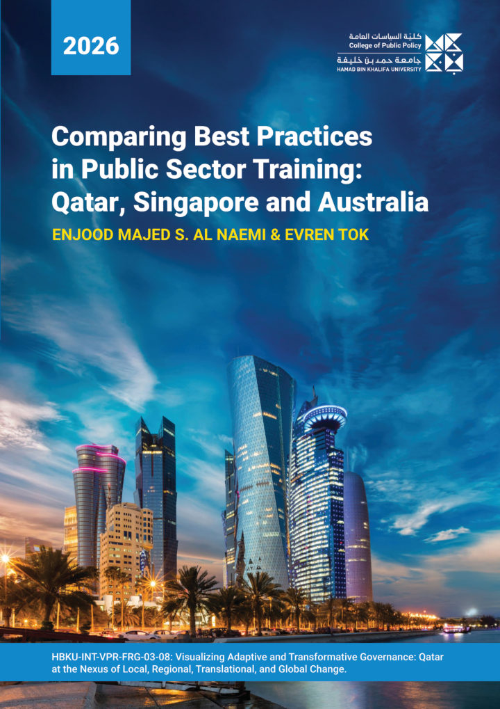 The report cover. The Doha skyline at dusk, with the title and the two authors over it.